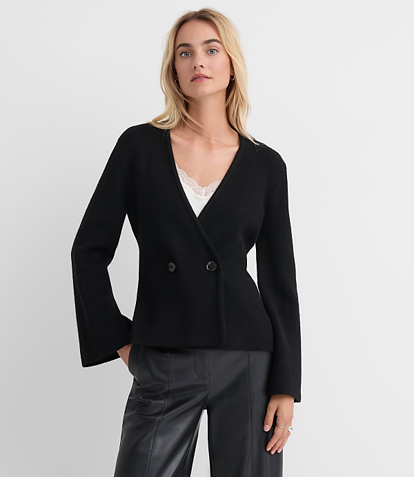 Petite Ribbed Double Button Sweater Jacket