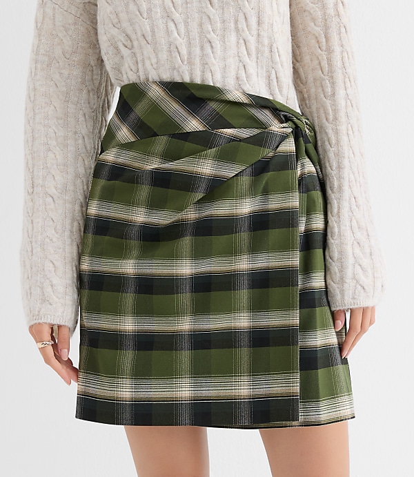 Plaid Brushed Flannel Twist Mini Skirt
