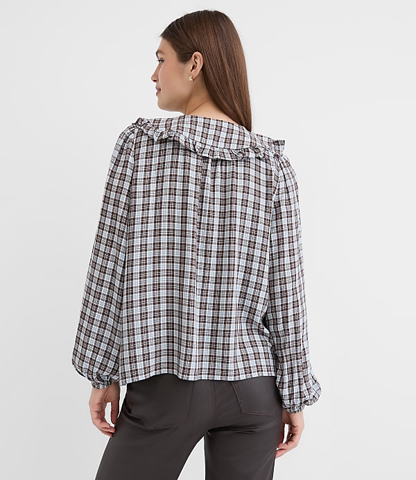 Petite Plaid Ruffle Collar Shirred Henley Blouse