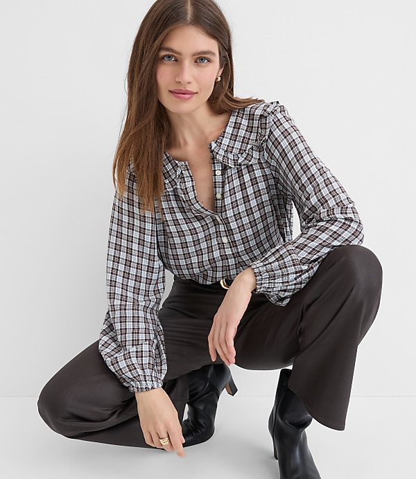 Petite Plaid Ruffle Collar Shirred Henley Blouse