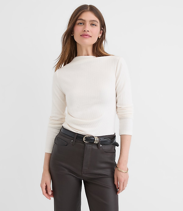 Petite Cozy Ribbed Asymmetric Neck Top