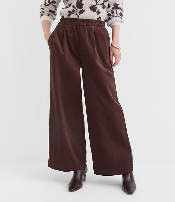 Pleated Pull On Wide Leg Pants in Corduroy