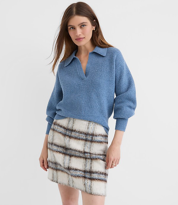 Ribbed Collared Split Neck Sweater