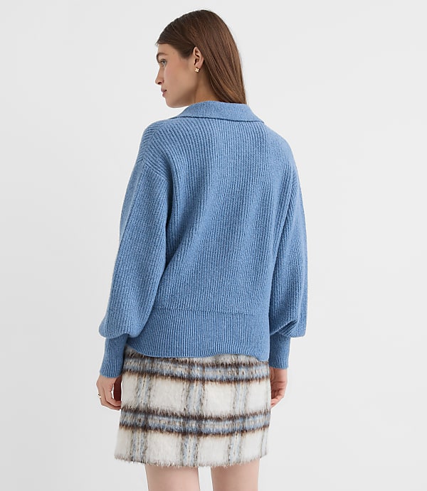 Ribbed Collared Split Neck Sweater