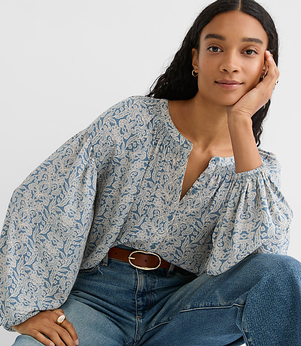 Petite Garden Smocked Ruffle V-Neck Blouse