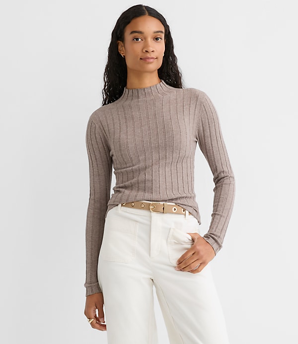 Petite Heathered Ribbed Mock Neck Sweater