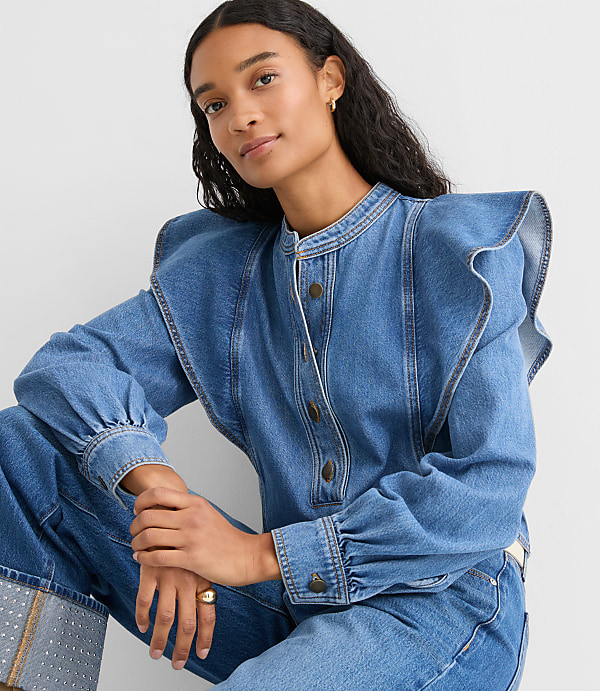 Ruffle Denim Shirt in Light Wash