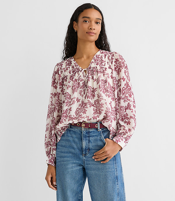 Geo Tucked Tie Neck Blouse