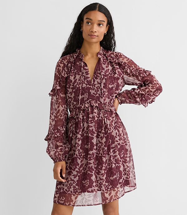 Shimmer Ruffle Tie Neck Mini Dress