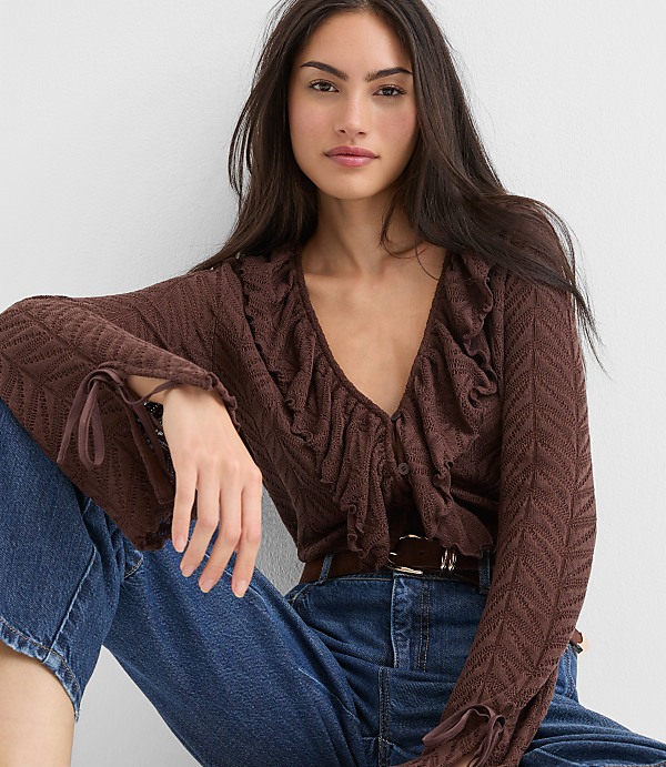 Pointelle Ruffle Tie Cuff Top
