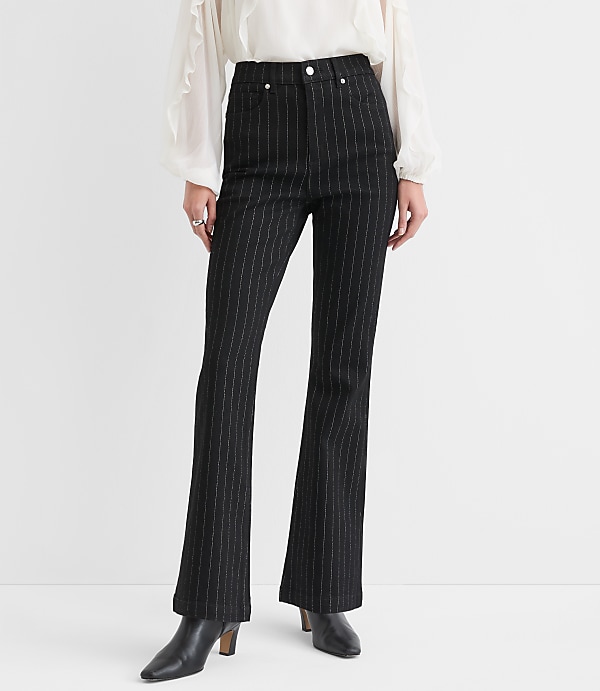 High Rise Slim Flare Jeans in Black Shimmer Pinstripe