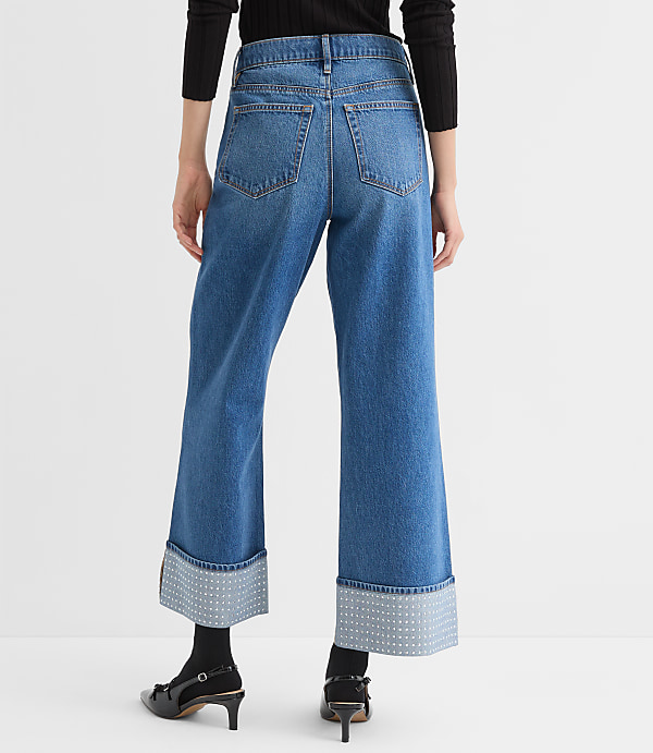 Curvy Embellished Cuffed High Rise Wide Leg Crop Jeans in Bright Mid Indigo Wash