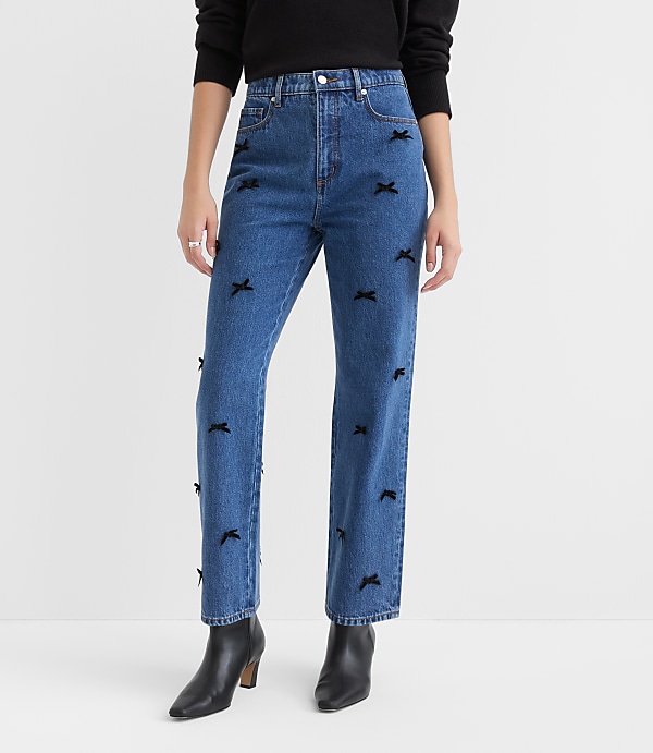Velvet Bow High Rise Straight Jeans in Bright Mid Indigo Wash