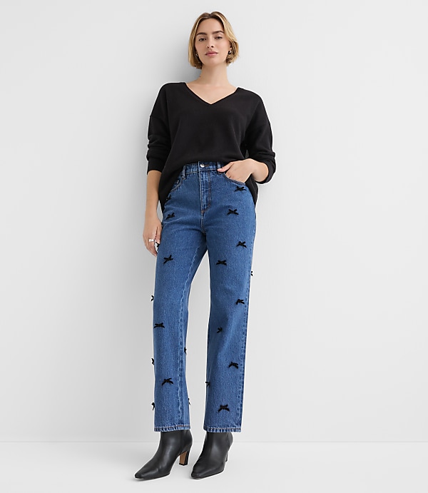 Velvet Bow High Rise Straight Jeans in Bright Mid Indigo Wash