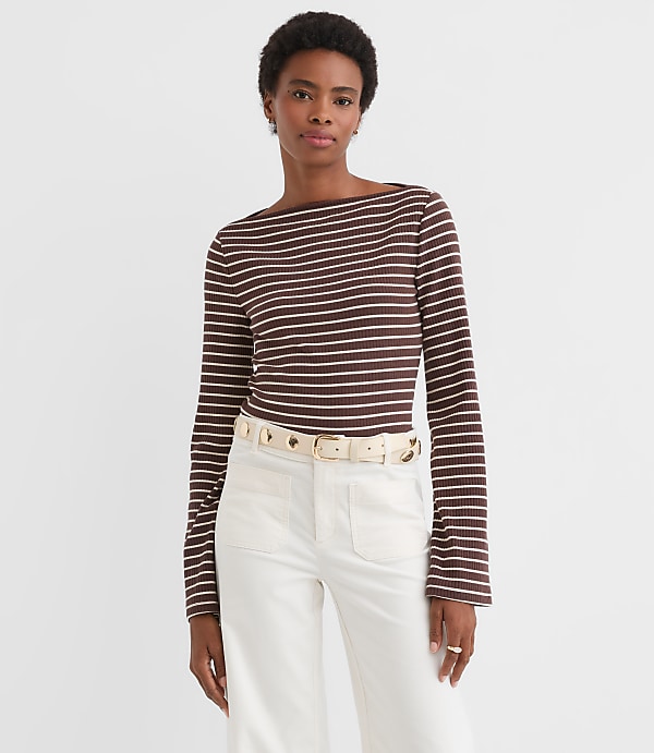 Petite Stripe Ribbed Flare Sleeve Boatneck Top