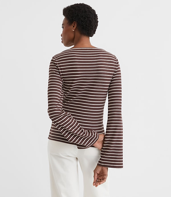 Petite Stripe Ribbed Flare Sleeve Boatneck Top