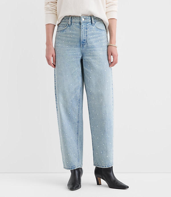 Sparkle Embellished High Rise Barrel Jeans in Vintage Light Indigo Wash