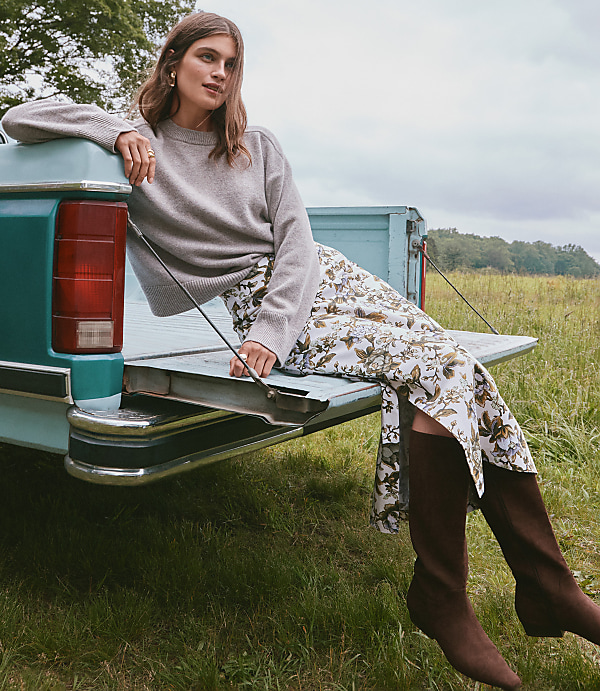 Floral Side Ruched Midi Skirt