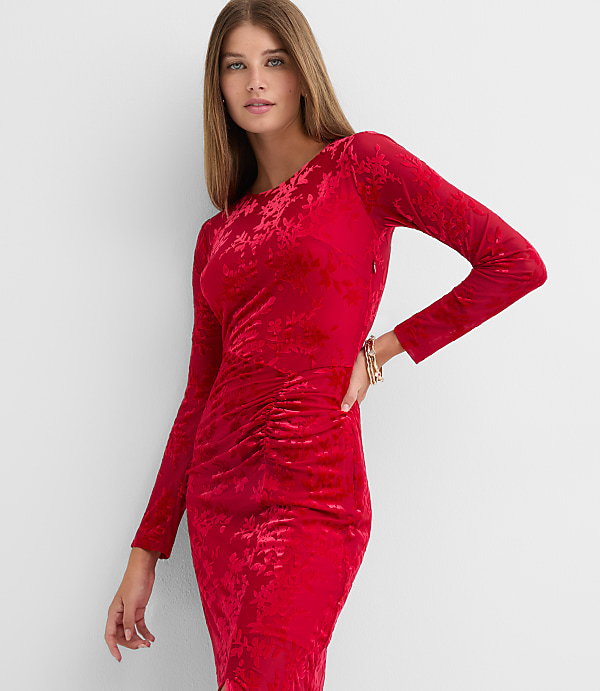 Floral Velvet Ruched Midi Dress