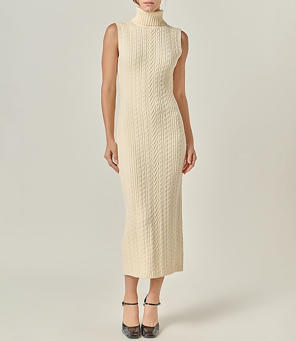 English Factory Cable Knit Mock Neck Midi Dress