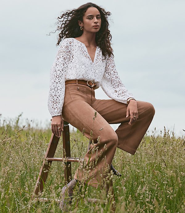 Petite Lace Split Neck Blouse