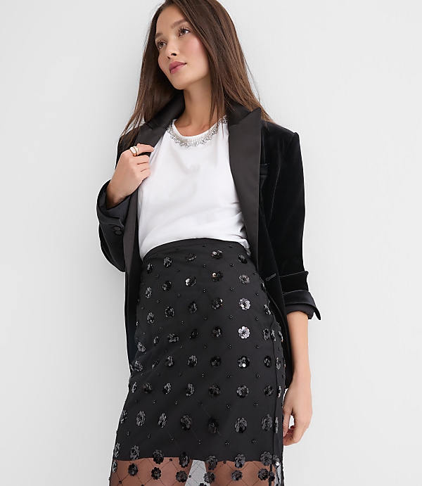 Petite Floral Sequin Overlay Midi Skirt