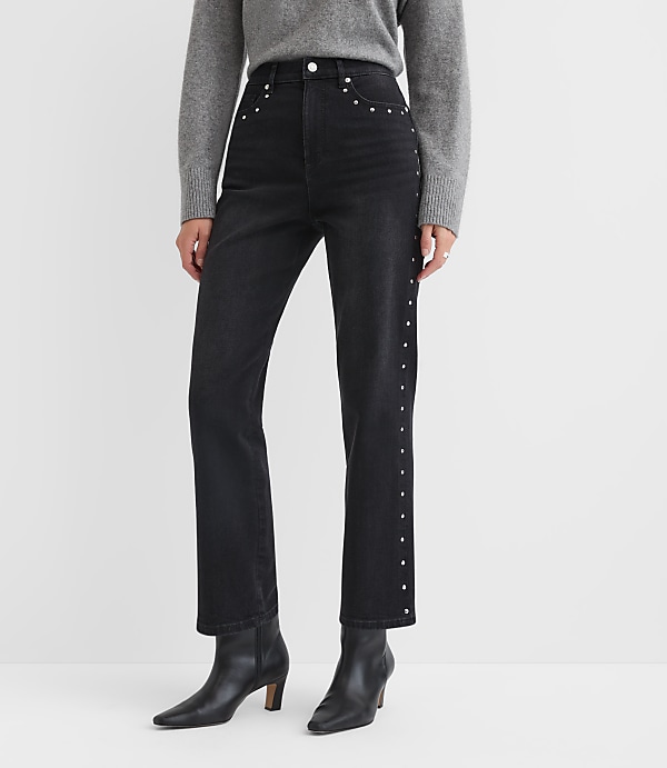 Studded High Rise Straight Jeans in Washed Black