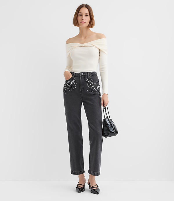 Jeweled Pocket High Rise Straight Jeans in Washed Black