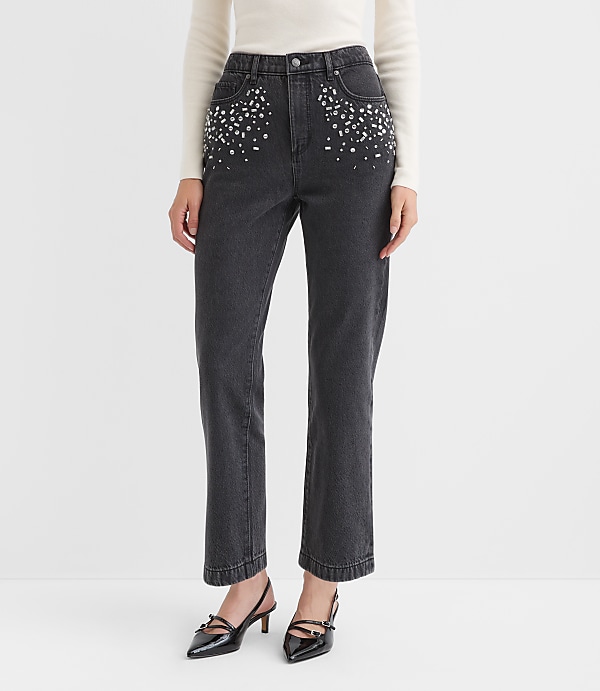 Jeweled Pocket High Rise Straight Jeans in Washed Black