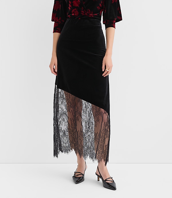 Petite Chantilly Lace Velvet Bias Midi Skirt