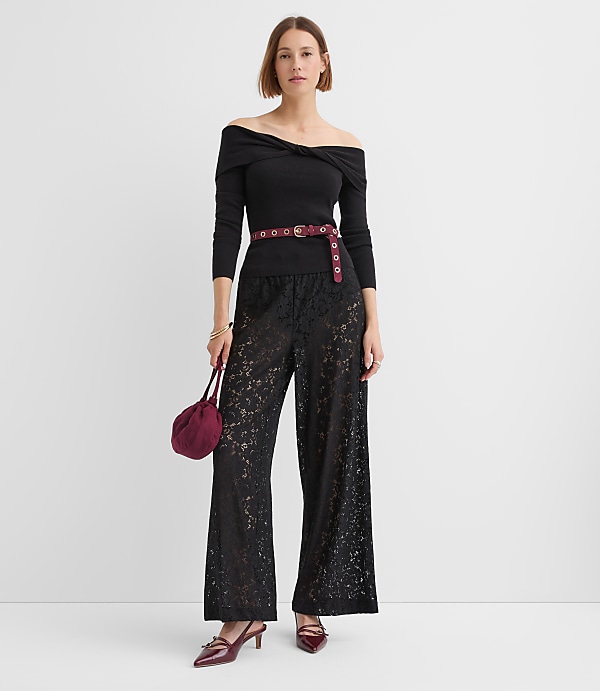 Petite Pull On Wide Leg Pants in Lace