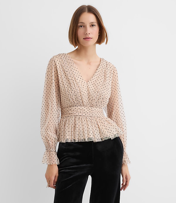Velvet Dot Tulle Tie Back Peplum Blouse