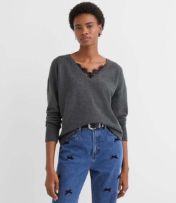 Petite Lace Trim Relaxed V-Neck Sweater
