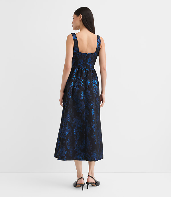 Shimmer Floral Corset Seamed Midi Pocket Dress