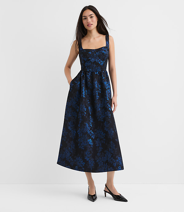 Shimmer Floral Corset Seamed Midi Pocket Dress