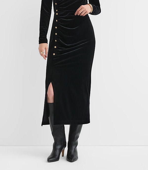 Velvet Ruched Button Midi Skirt