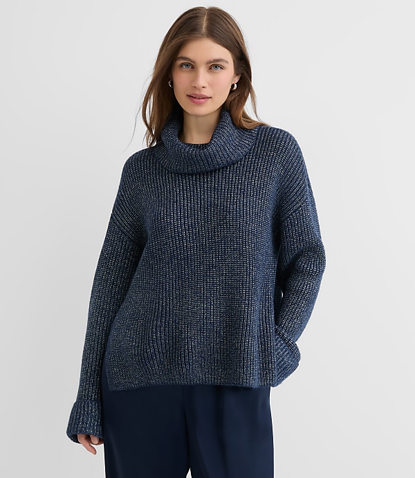 Petite Shimmer Cuffed Ribbed Mock Neck Sweater