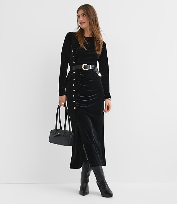 Petite Velvet Ruched Button Midi Skirt