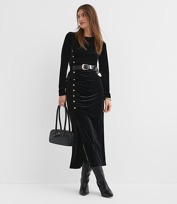 Velvet Ruched Button Midi Skirt