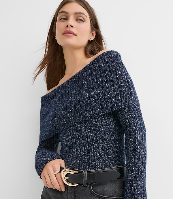 Shimmer Ribbed Flare Sleeve Off The Shoulder Sweater