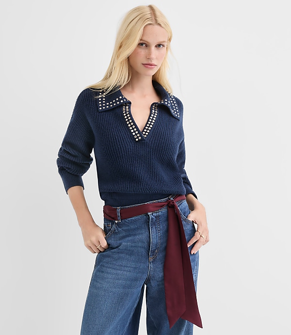 Petite Studded Ribbed Collared Split Neck Sweater