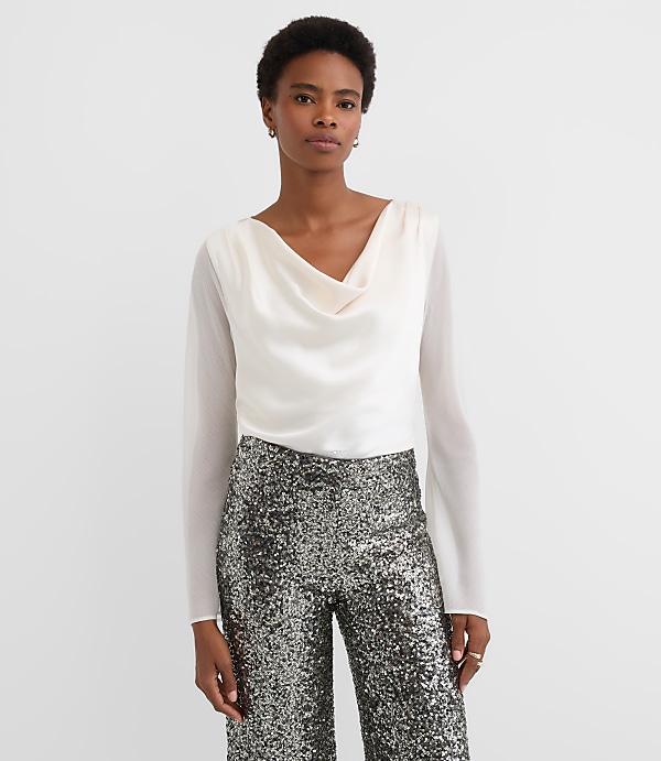 Petite Satin Chiffon Cowl Neck Top
