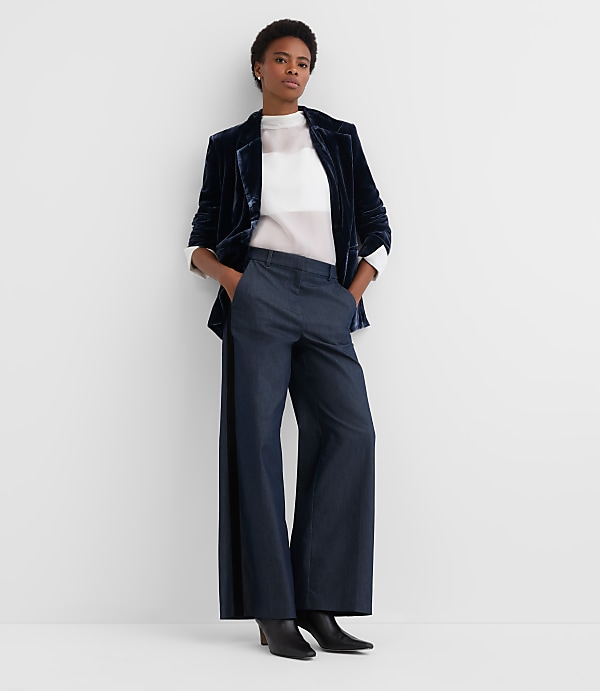 Velvet Tuxedo Stripe Clean Wide Leg Pants in Refined Denim