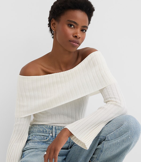 Ribbed Flare Sleeve Off The Shoulder Sweater