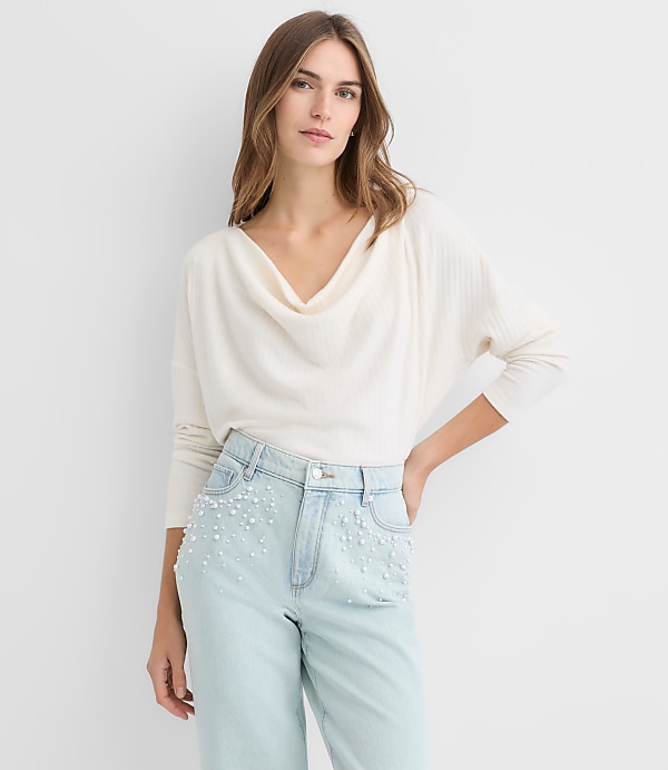 Petite Cozy Ribbed Cowl Neck Top