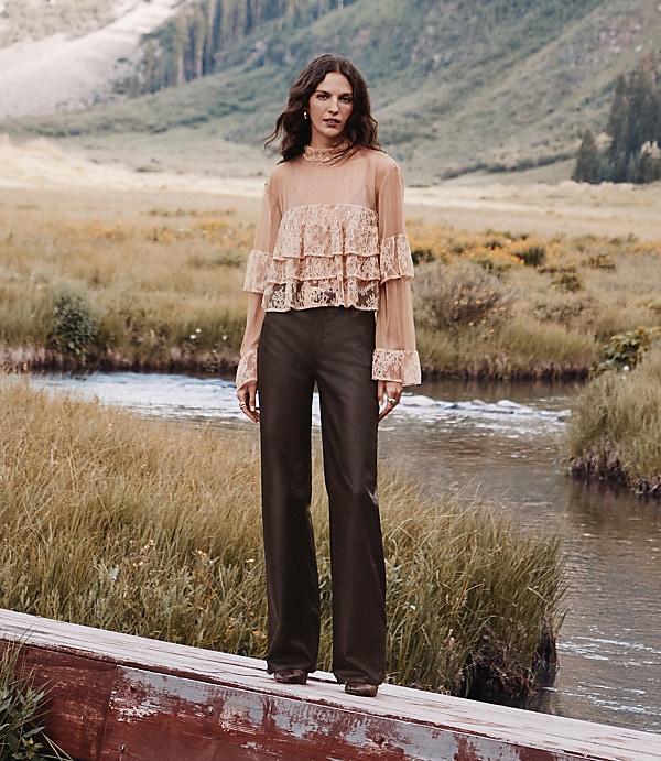 Coated High Rise Wide Leg Jeans in Brown