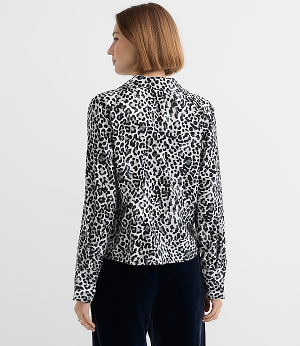 Leopard Print Slit Cuff Tie Neck Blouse