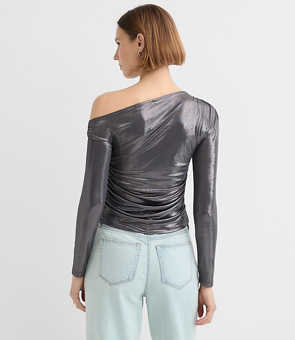 Metallic Asymmetrical Ruched Off The Shoulder Top