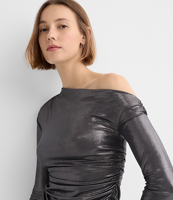 Metallic Asymmetrical Ruched Off The Shoulder Top