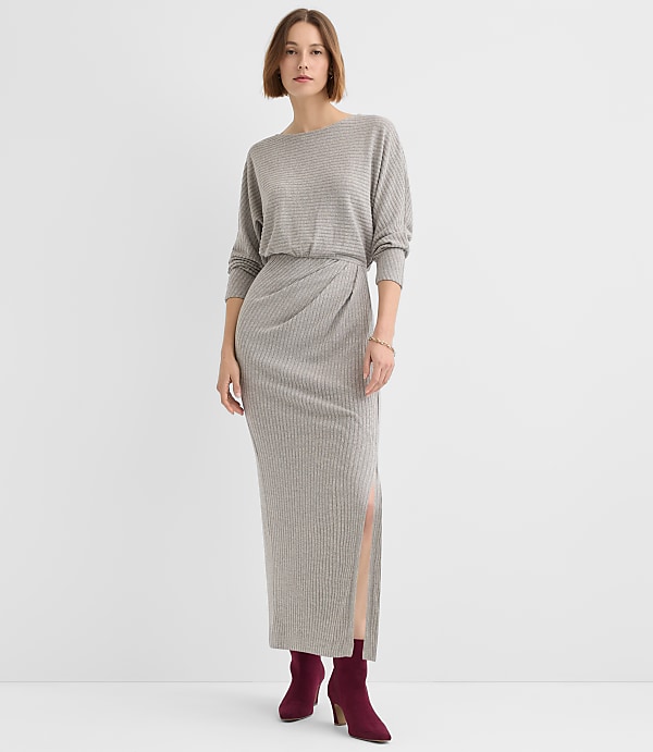 Brushed Ottoman Side Pleated Midi Dress